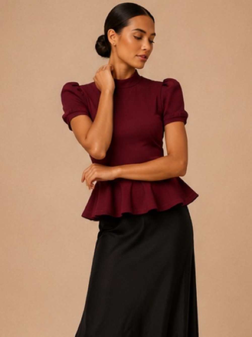SHEIN Burgundy Peplum Mock Neck Top Small